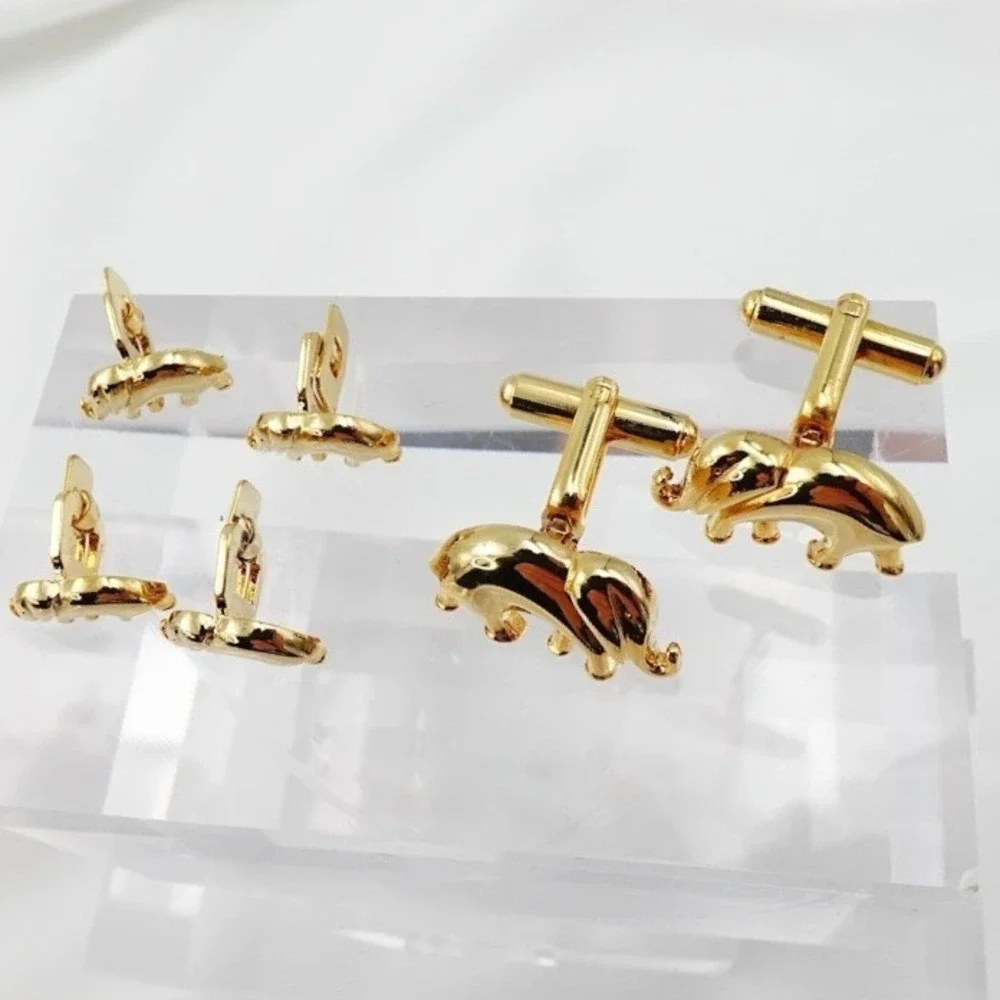 VTG Elephant Cufflinks Shirt Studs Set Gold Tone Formal Tuxedo USA Boxed